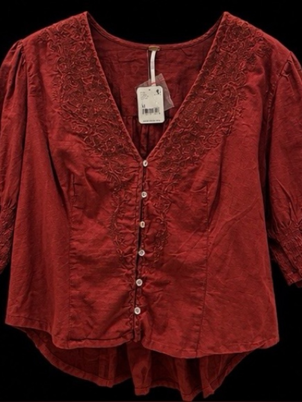 Women's Red Embroidered Button-Front Top